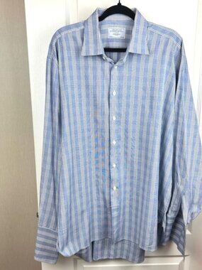 Charles Tyrwhitt Mens Blue White Glen Plaid Dress Shirt 18/37 Double Cuff